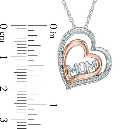0.1 CT. T.W. Natural Diamond "MOM" Tilted Double Heart Pendant in Sterling Silver and 10K Rose Gold