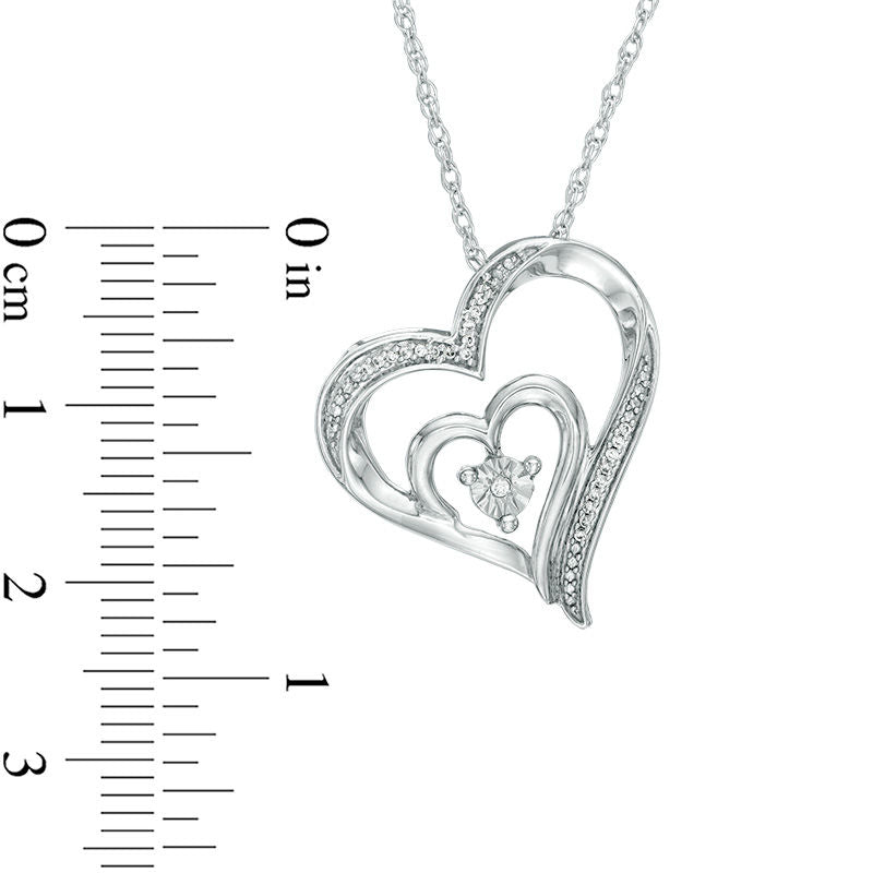 Natural Diamond Accent Tilted Double Heart Pendant in Sterling Silver and 10K Rose Gold