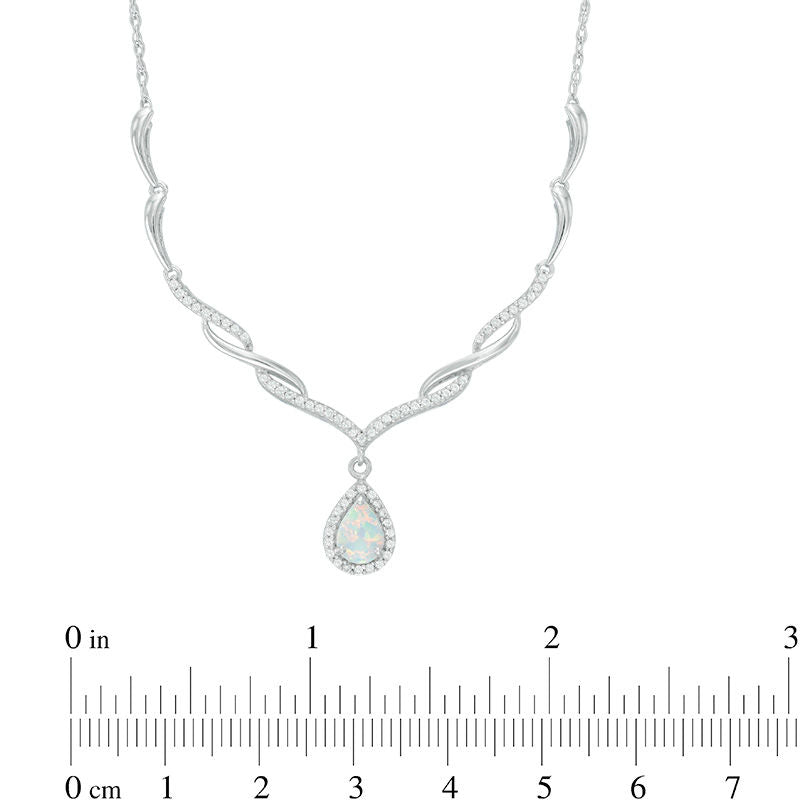 Pear-Shaped Lab-Created Opal and White Sapphire Chevron with Drop Necklace in Sterling Silver