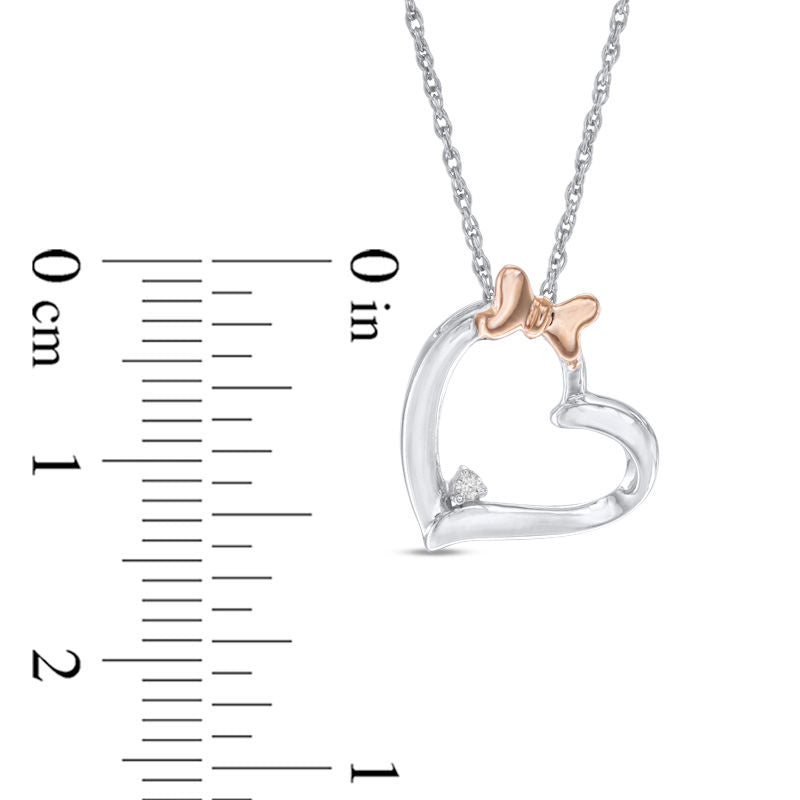 Natural Diamond Accent Tilted Heart with Bow Pendant in Sterling Silver and 10K Rose Gold