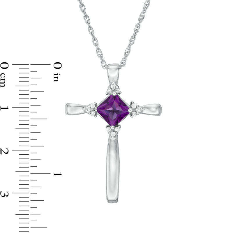 5.0mm Princess-Cut Amethyst and Natural Diamond Accent Tri-Sides Cross Pendant in Sterling Silver
