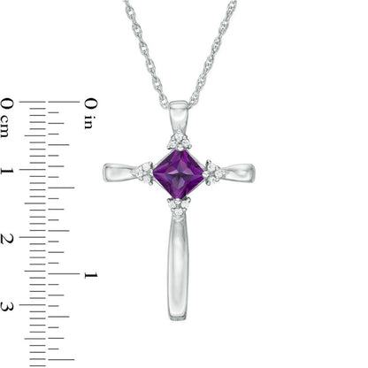 5.0mm Princess-Cut Amethyst and Natural Diamond Accent Tri-Sides Cross Pendant in Sterling Silver