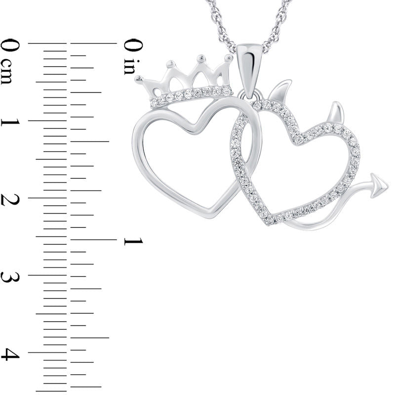 0.13 CT. T.W. Natural Diamond Crown and Devil Double Heart Pendant in Sterling Silver