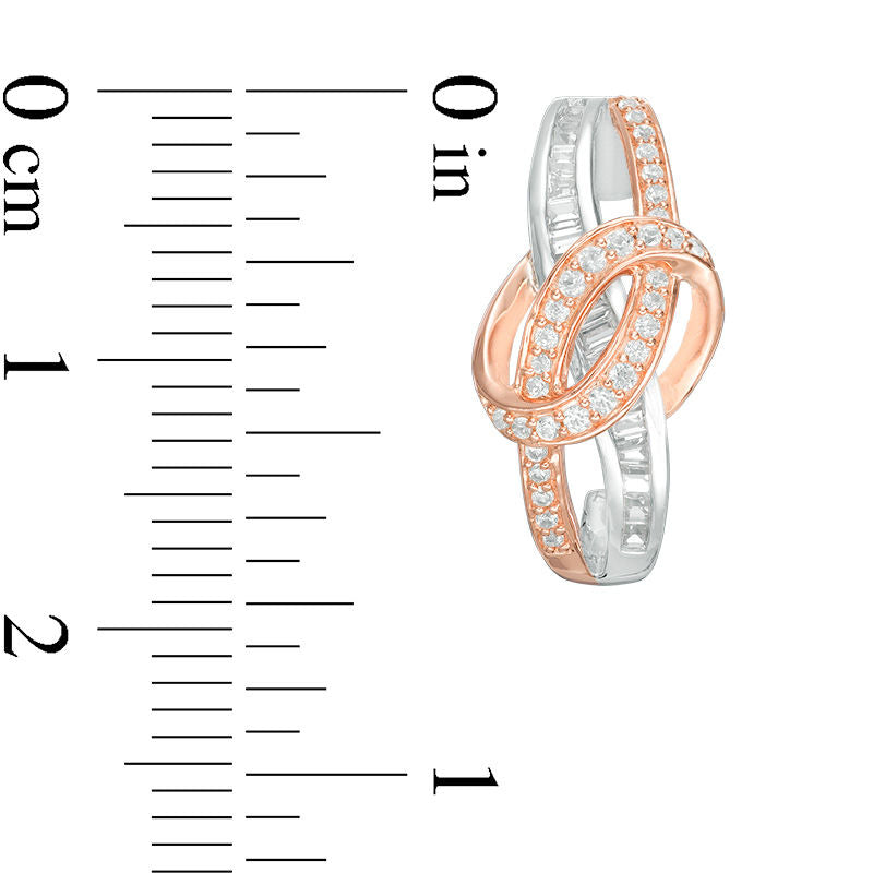 0.5 CT. T.W. Baguette and Round Diamond Loop J-Hoop Earrings in 10K Two-Tone Gold
