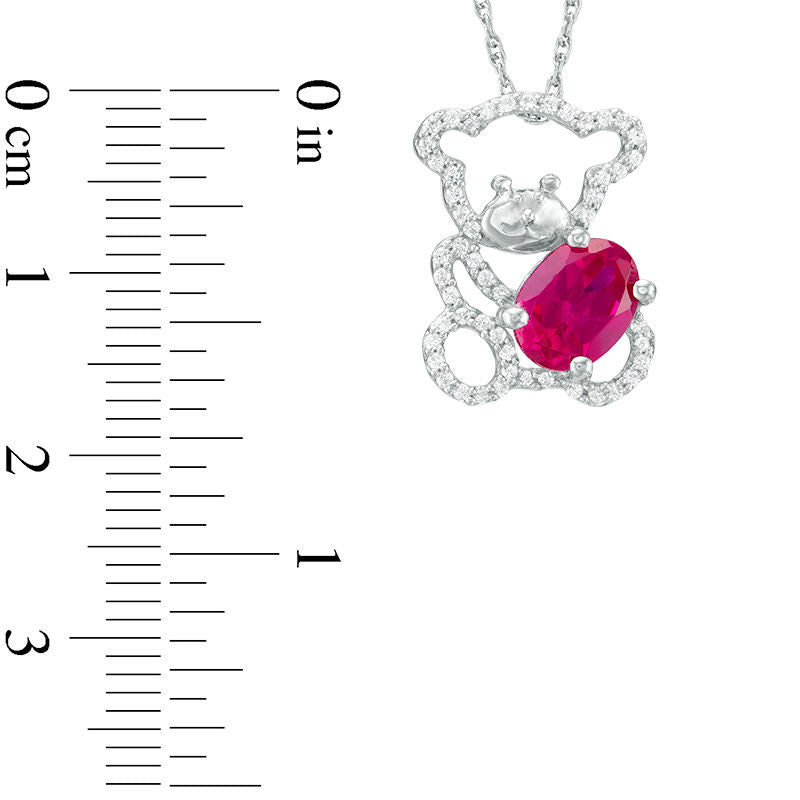 Oval Lab-Created Ruby and 0.2 CT. T.W. Diamond Teddy Bear Pendant in Sterling Silver