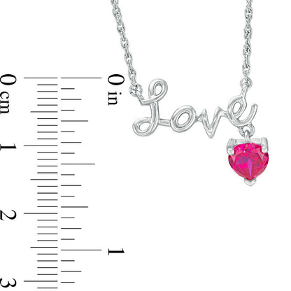 6.0mm Heart-Shaped Lab-Created Ruby Charm and Cursive "Love" Necklace in Sterling Silver