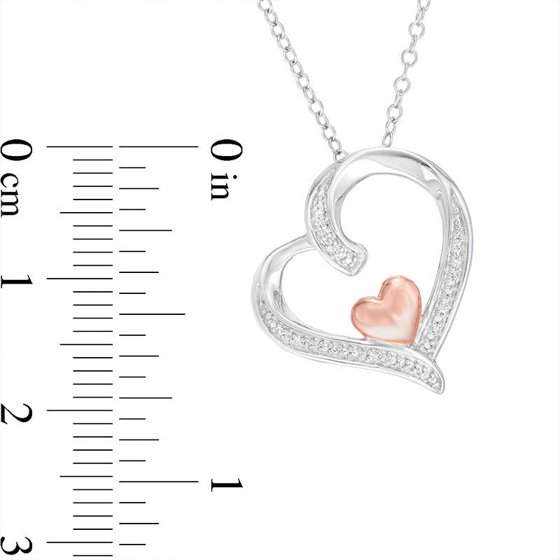 Natural Diamond Accent Tilted Double Heart Pendant in Sterling Silver with 14K Rose Gold Plate