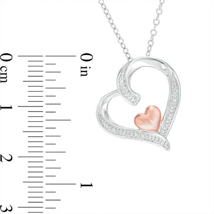 Natural Diamond Accent Tilted Double Heart Pendant in Sterling Silver with 14K Rose Gold Plate