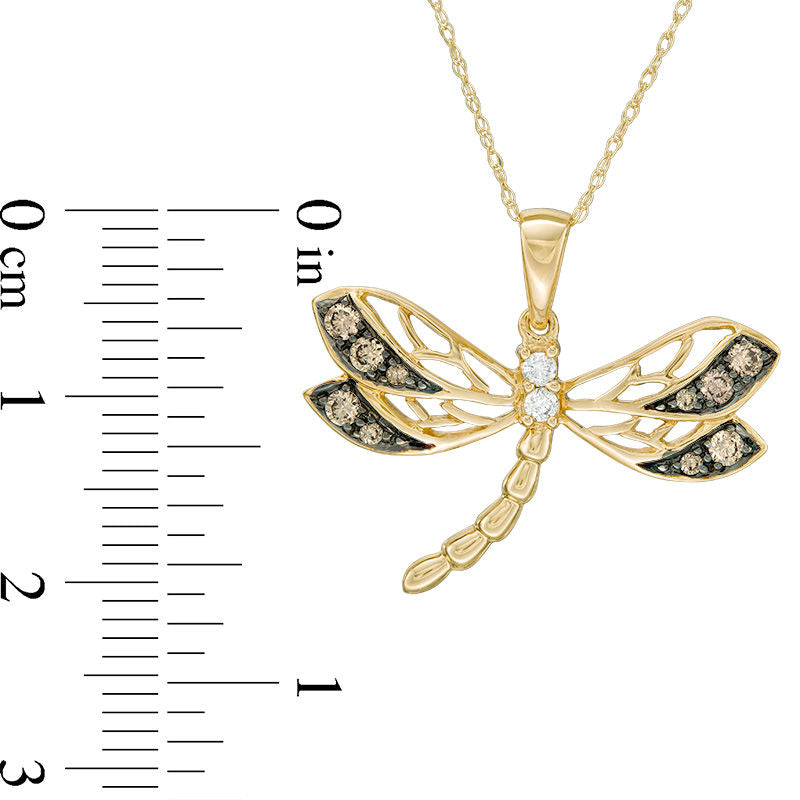 0.25 CT. T.W. Champagne and White Natural Diamond Dragonfly Pendant in 10K Yellow Gold