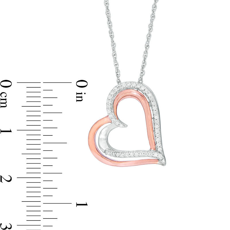 0.1 CT. T.W. Natural Diamond Tilted Overlay Double Heart Pendant in Sterling Silver and 10K Rose Gold