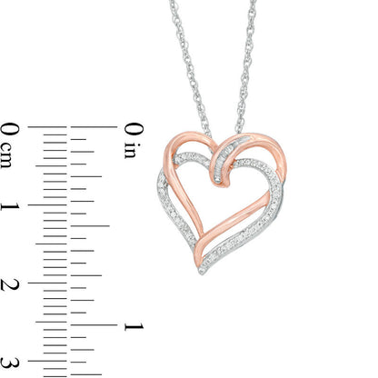 0.17 CT. T.W. Baguette and Round Natural Diamond Tilted Double Heart Pendant in Sterling Silver with 14K Rose Gold Plate
