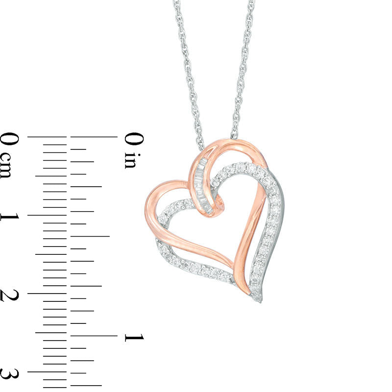 0.25 CT. T.W. Baguette and Round Natural Diamond Tilted Double Heart Pendant in Sterling Silver with 14K Rose Gold Plate