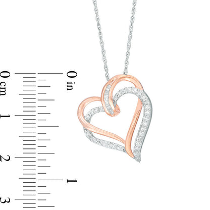 0.25 CT. T.W. Baguette and Round Natural Diamond Tilted Double Heart Pendant in Sterling Silver with 14K Rose Gold Plate