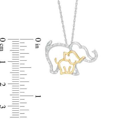 Natural Diamond Accent Elephant and Calf Pendant in Sterling Silver and 10K Yellow Gold