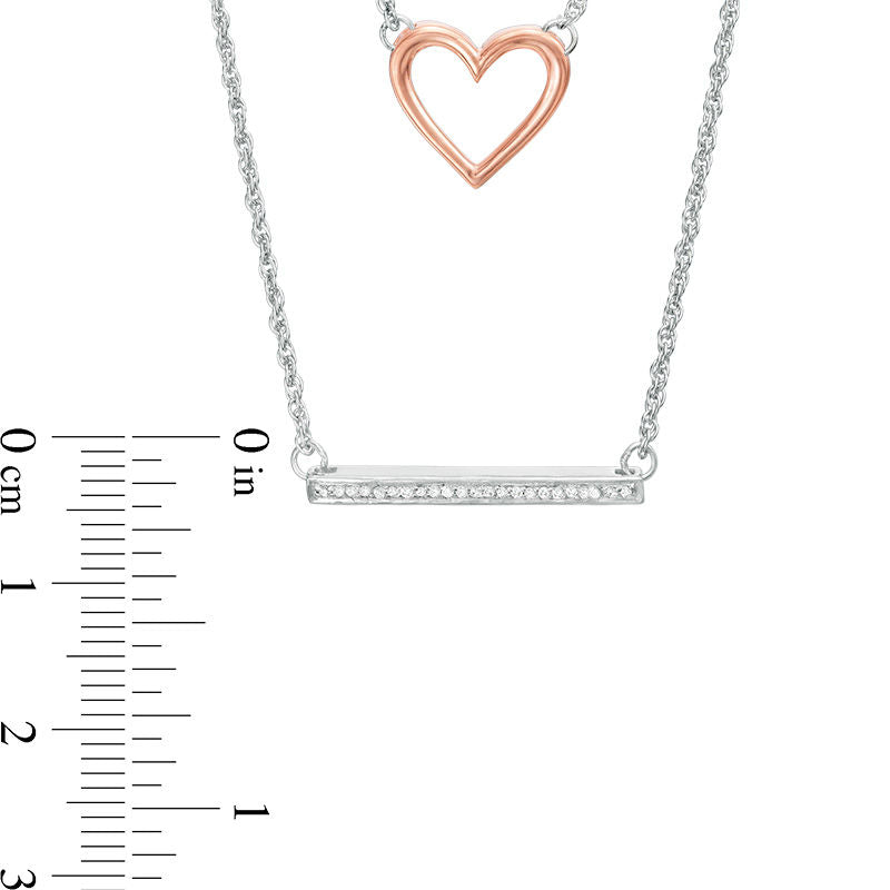 0.07 CT. T.W. Natural Diamond Heart and Bar Double Strand Necklace in Sterling Silver and 10K Rose Gold - 20"