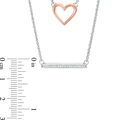 0.07 CT. T.W. Natural Diamond Heart and Bar Double Strand Necklace in Sterling Silver and 10K Rose Gold - 20"