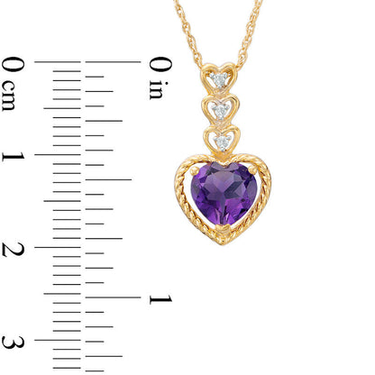 7.0mm Heart-Shaped Amethyst and Natural Diamond Accent Drop Pendant in 10K Yellow Gold