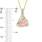6.0mm Trillion-Cut Lab-Created Pink Sapphire and Diamond Accent Swirl Frame Pendant in 10K Yellow Gold