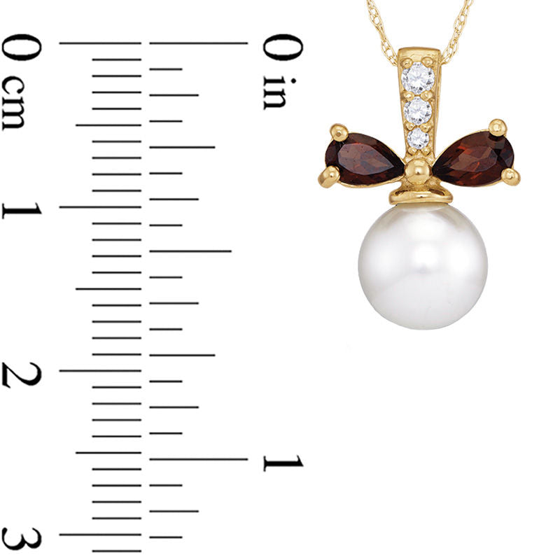 8.0mm Cultured Freshwater Pearl, Pear-Shaped Garnet and Natural Diamond Accent Bow Pendant in 10K Yellow Gold