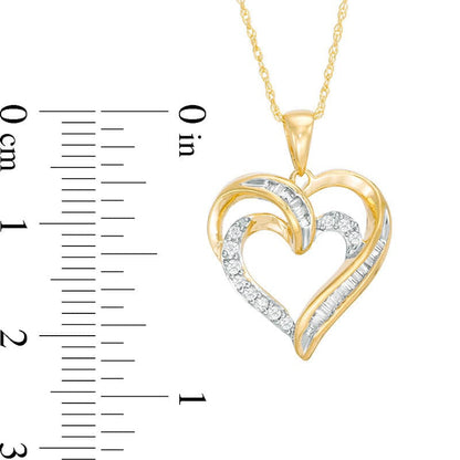 0.25 CT. T.W. Baguette and Round Natural Diamond Double Heart Pendant in 10K Yellow Gold
