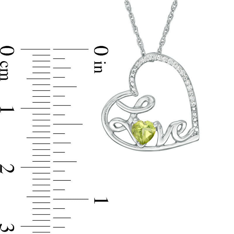 Heart-Shaped Peridot and Natural Diamond Accent Tilted "LOVE" Pendant in Sterling Silver