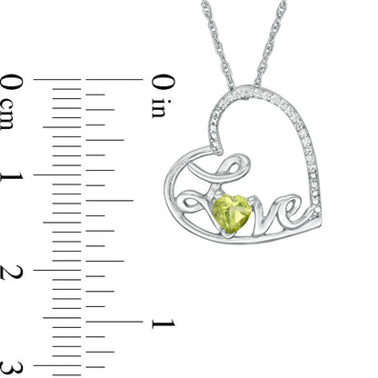 Heart-Shaped Peridot and Natural Diamond Accent Tilted "LOVE" Pendant in Sterling Silver