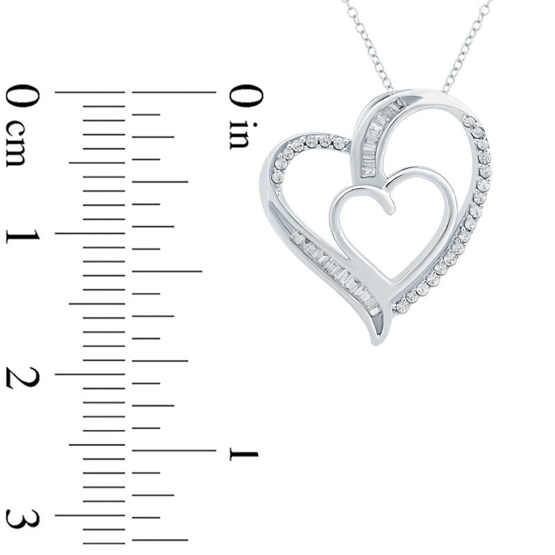 0.17 CT. T.W. Baguette and Round Natural Diamond Double Heart Pendant in Sterling Silver