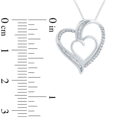 0.17 CT. T.W. Baguette and Round Natural Diamond Double Heart Pendant in Sterling Silver