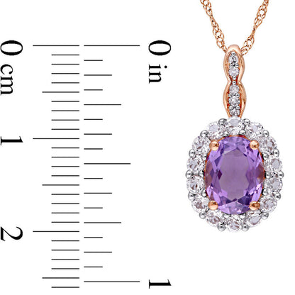 Oval Amethyst, White Topaz and Natural Diamond Accent Frame Pendant in 14K Rose Gold – 17"