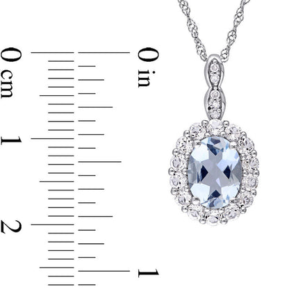 Oval Aquamarine, White Topaz and Natural Diamond Accent Frame Pendant in 14K White Gold – 17"