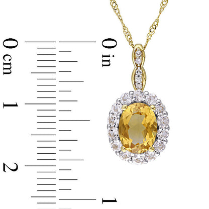 Oval Citrine, White Topaz and Natural Diamond Accent Frame Pendant in 14K Gold – 17"