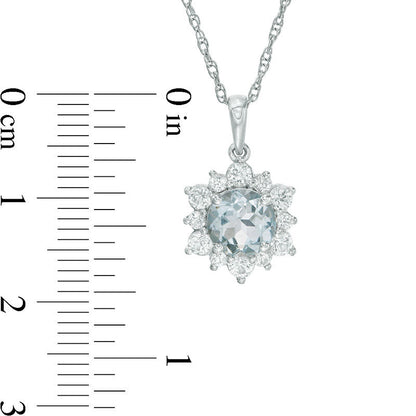 7.0mm Aquamarine and Lab-Created White Sapphire Sunburst Pendant in Sterling Silver