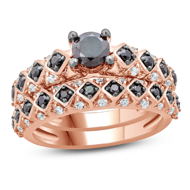 1 CT. T.W. Enhanced Black and White Diamond Tilted Square Shank Bridal Engagement Ring Set in 14K Rose Gold