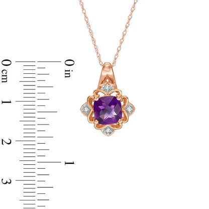 7.0mm Cushion-Cut Amethyst and Natural Diamond Accent Art Deco Pendant in 10K Rose Gold