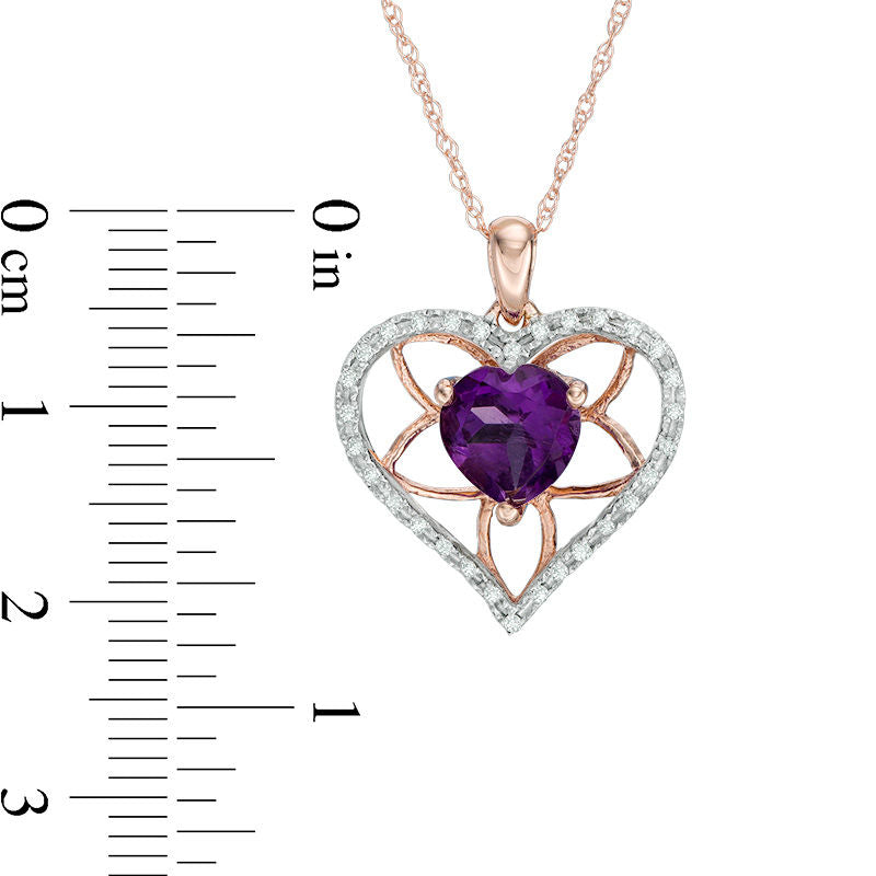 7.0mm Heart-Shaped Amethyst and 0.13 CT. T.W. Natural Diamond Floral Heart Pendant in 10K Rose Gold