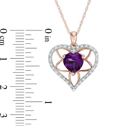 7.0mm Heart-Shaped Amethyst and 0.13 CT. T.W. Natural Diamond Floral Heart Pendant in 10K Rose Gold