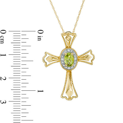 Oval Peridot and Natural Diamond Accent Gothic-Style Cross Pendant in 10K Yellow Gold