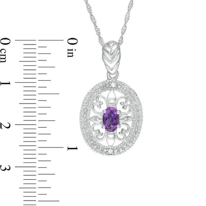 Oval Amethyst and Natural Diamond Accent Heart Antique Vintage-Style Pendant in Sterling Silver