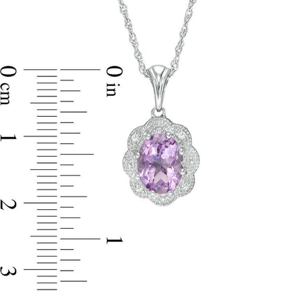 Oval Amethyst and Natural Diamond Accent Flower Frame Antique Vintage-Style Pendant in Sterling Silver