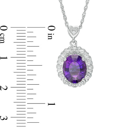 Oval Amethyst and Natural Diamond Accent Heart Frame Pendant in Sterling Silver