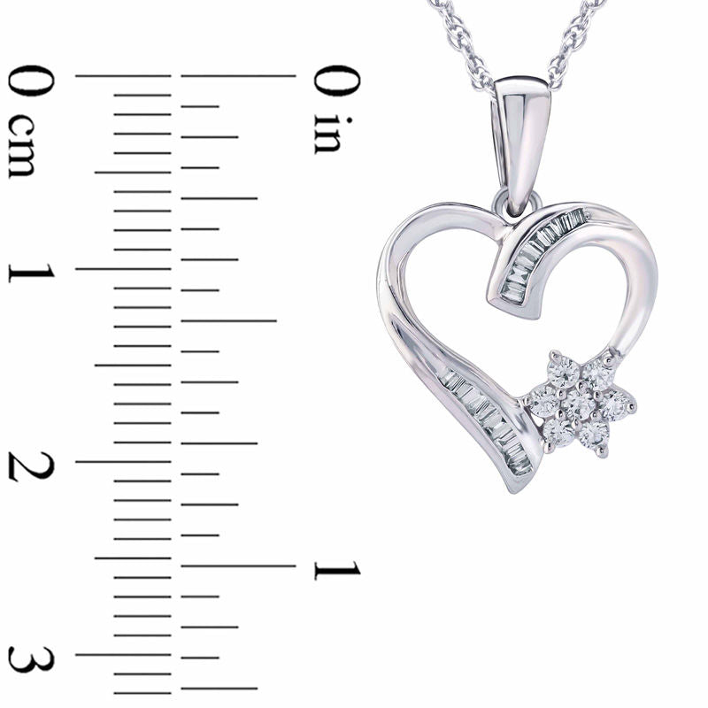 0.2 CT. T.W. Natural Diamond Baguette and Round Heart Pendant in 10K White Gold