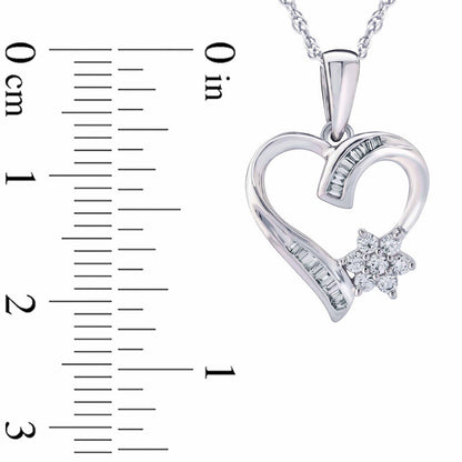 0.2 CT. T.W. Natural Diamond Baguette and Round Heart Pendant in 10K White Gold