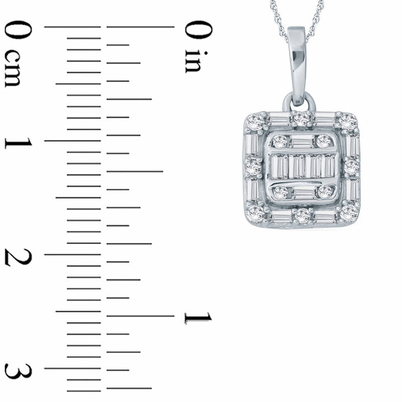 0.25 CT. T.W. Baguette and Round Natural Diamond Cushion Frame Pendant in 10K White Gold