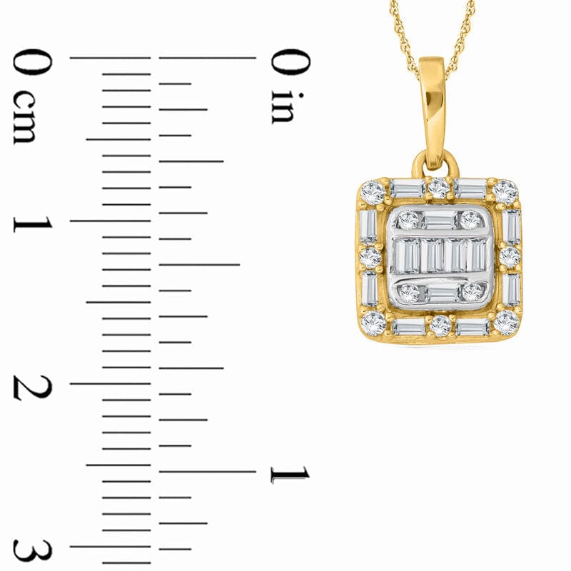 0.25 CT. T.W. Baguette and Round Natural Diamond Cushion Frame Pendant in 10K Yellow Gold