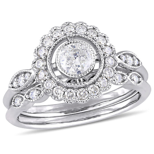 3/4 CT. T.W. Diamond Flower Frame Vintage-Style Bridal Engagement Ring Set in 14K White Gold