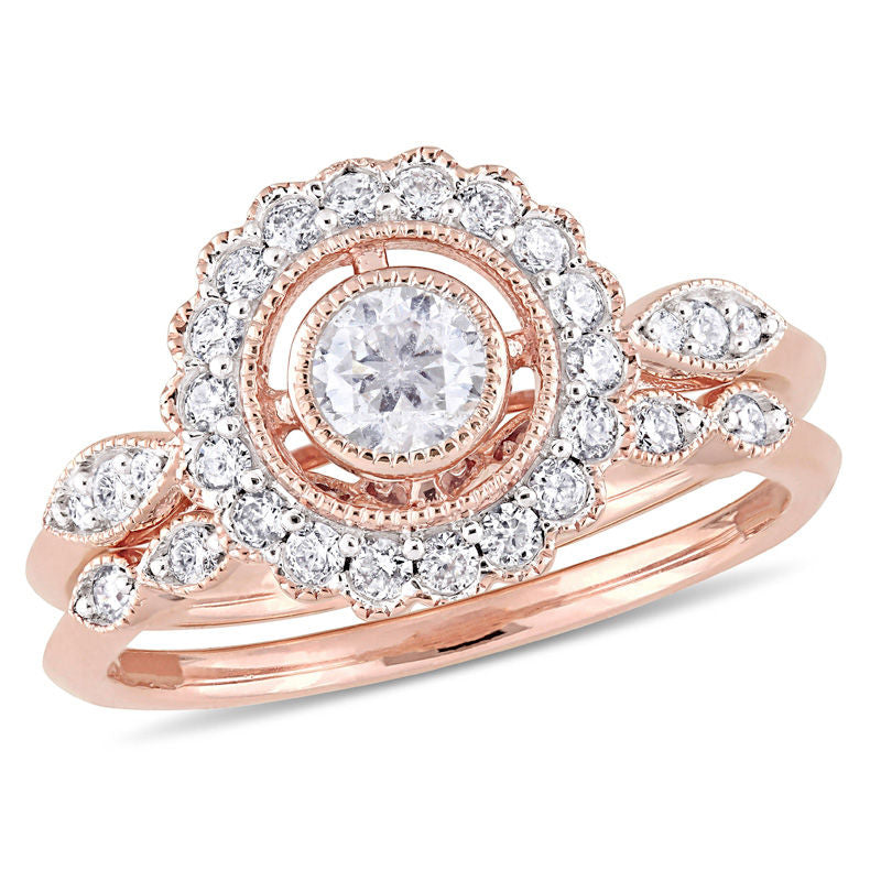 3/4 CT. T.W. Diamond Frame Vintage-Style Bridal Engagement Ring Set in 14K Rose Gold