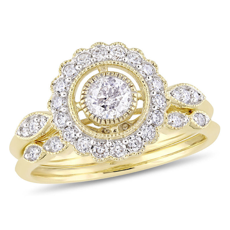 3/4 CT. T.W. Diamond Frame Vintage-Style Bridal Engagement Ring Set in 14K Gold