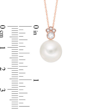 Cultured Freshwater Pearl, White Sapphire and Natural Diamond Accent Antique Vintage-Style Pendant in 10K Rose Gold - 17"