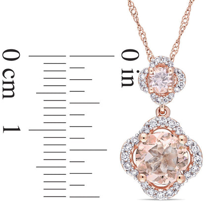 Morganite and 0.2 CT. T.W. Natural Diamond Clover Frame Double Drop Pendant in 14K Rose Gold - 17"