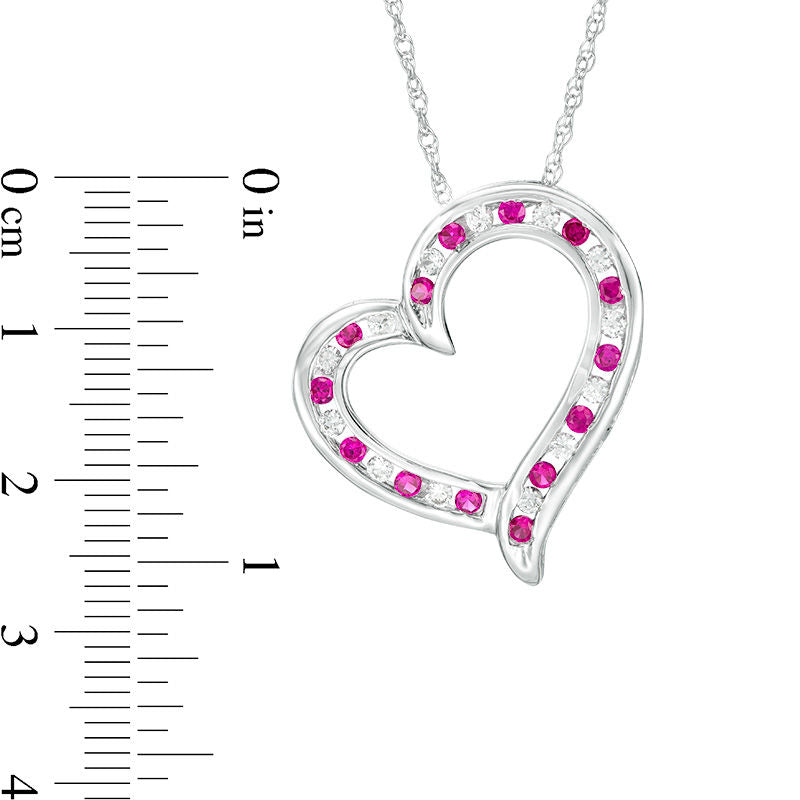 Alternating Lab-Created Ruby and White Sapphire Tilted Heart Pendant in Sterling Silver